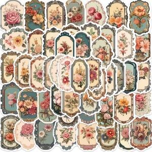 50 Flowers in Frames Stickers Vintage Floral Antique Style